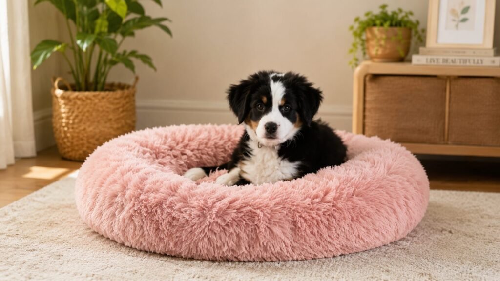Calming donut pet bed with soft faux fur and raised rim for dogs and cats