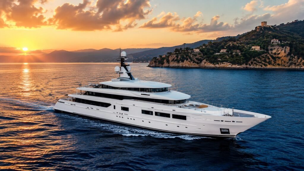 Luxury yacht navigating an iconic coastline with dramatic cliffs, clear blue waters, and stunning coastal scenery.