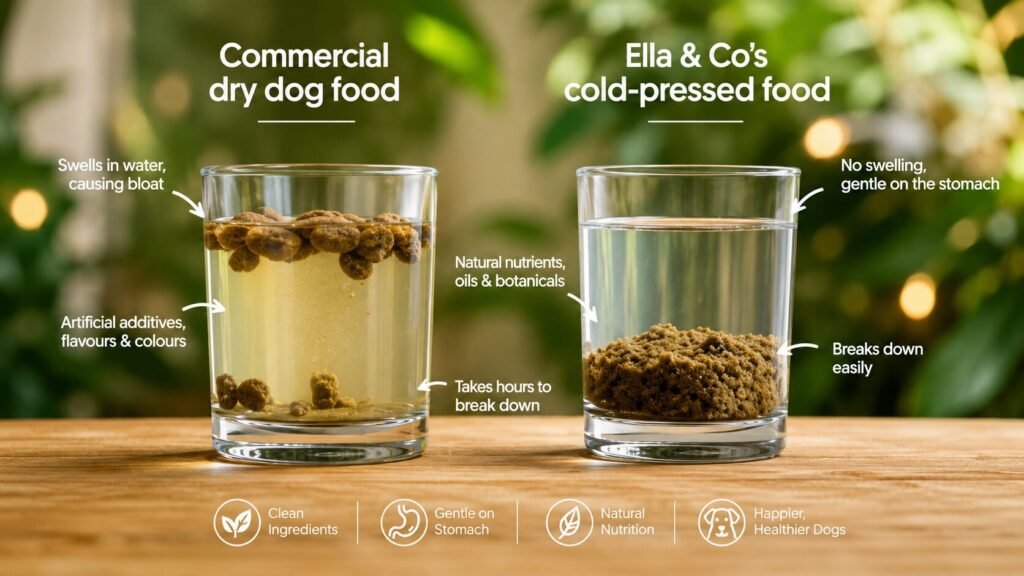 Comparison of cold-pressed dog food and traditional kibble showing digestive benefits, nutrient retention, and gentle processing for healthier dogs.