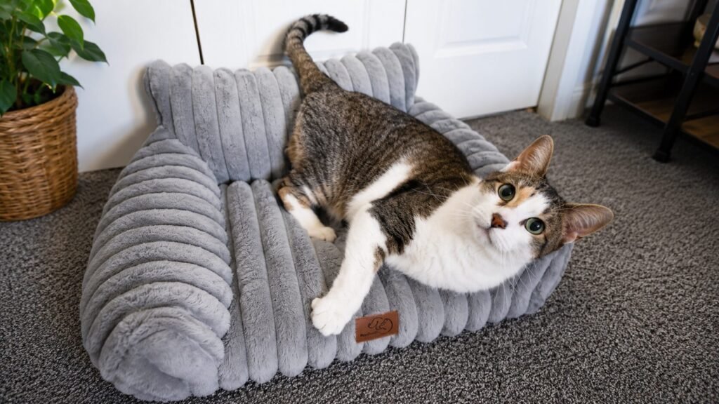 ComfyFleece pet couch bed with three-sided bolster design, soft faux fur, and non-slip bottom for dogs and cats