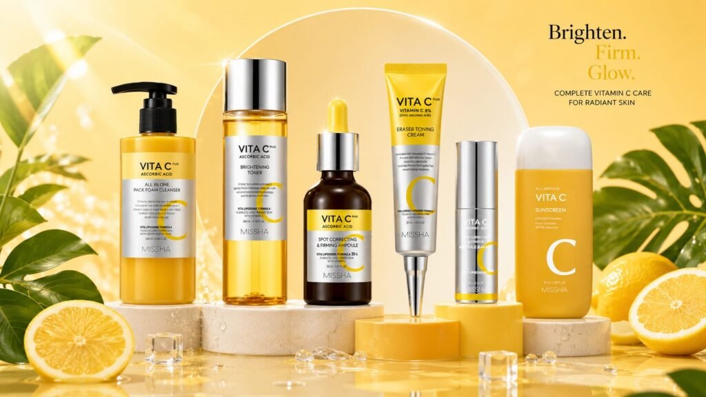 Complete Vita C Brightening K-Beauty skincare kit featuring cleanser, toner, ampoule, toning cream, balm stick, and SPF 50 sunscreen.