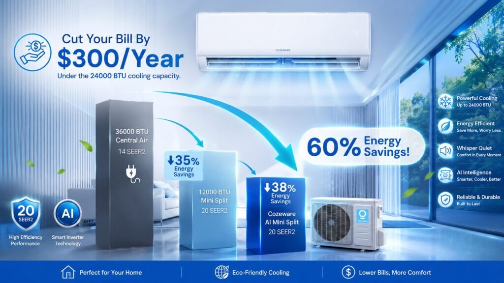 COZEWARE AI mini split air conditioner in a modern home interior showing energy savings, smart inverter technology, and reduced cooling costs