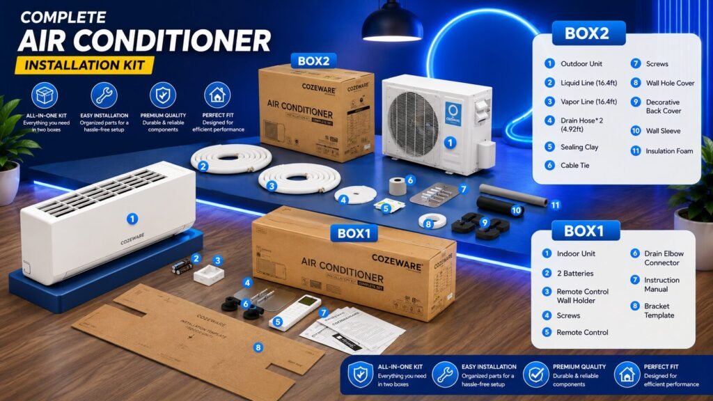 COZEWARE E-Save 24000 BTU mini split air conditioner unboxing showing indoor unit, outdoor condenser, installation kit, wiring, and accessories included in both packages.