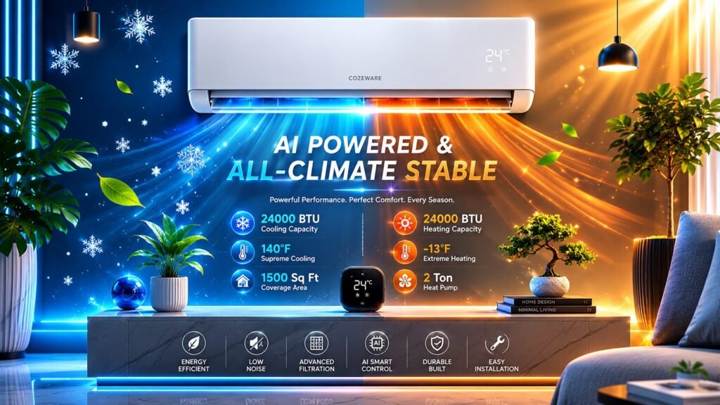 COZEWARE E-Save Series 24000 BTU mini split air conditioner featuring AI chip technology, 20 SEER2 efficiency, R32 refrigerant, quiet operation, and all-season climate performance.