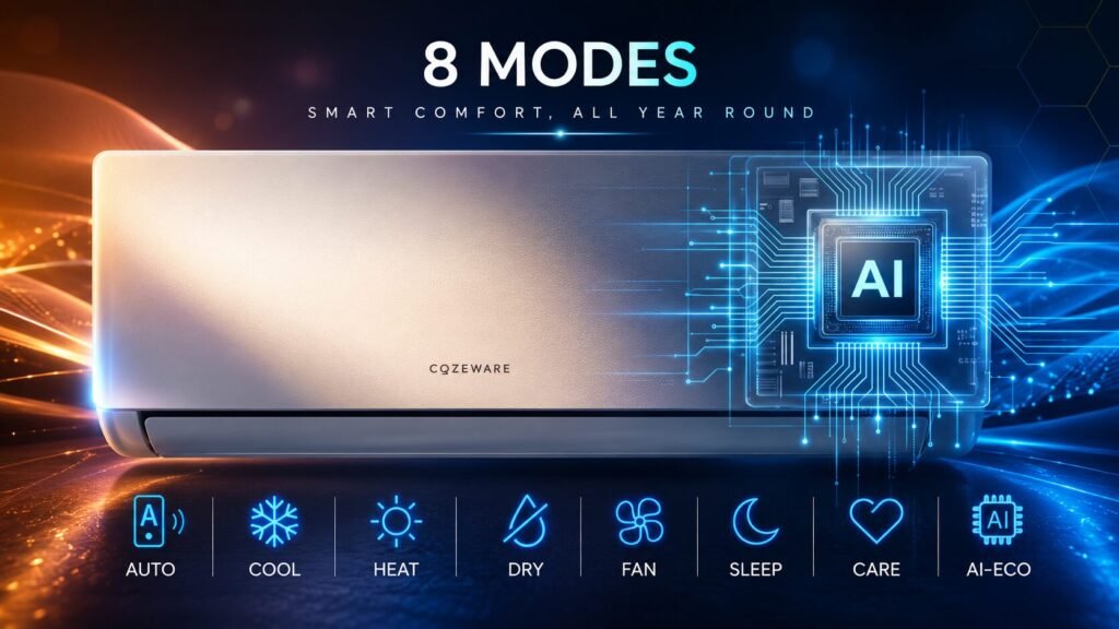 COZEWARE E-Save Series mini split air conditioner displaying 8 smart operating modes powered by AI climate control technology.