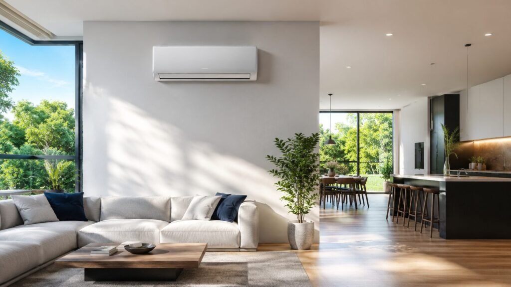 Sleek white indoor wall unit of a COZEWARE E-Save 24000 BTU mini split air conditioner system mounted in a modern home.