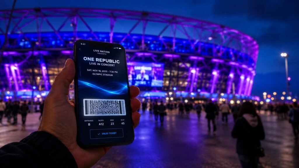 Hand holding a smartphone displaying a digital ticket barcode outside a brightly illuminated stadium with purple and blue concert lights at dusk.