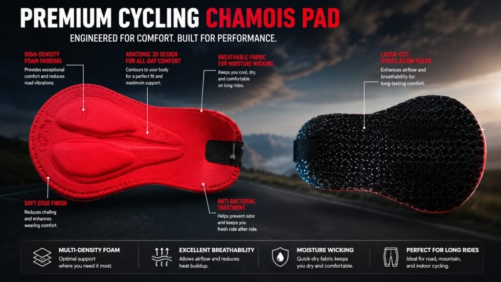 Cross-sectional view of a multi-density foam cycling chamois pad showing layered foam zones for cushioning, airflow, and sit-bone support.