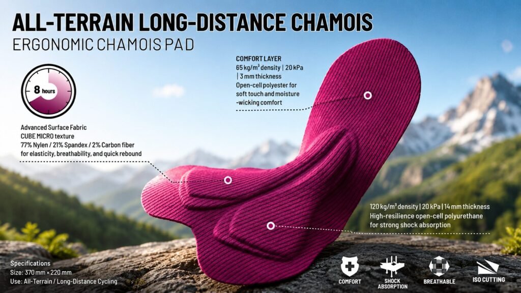 Ergonomic dual-density cycling chamois padding designed with enhanced sit-bone support for maximum comfort during long rides.