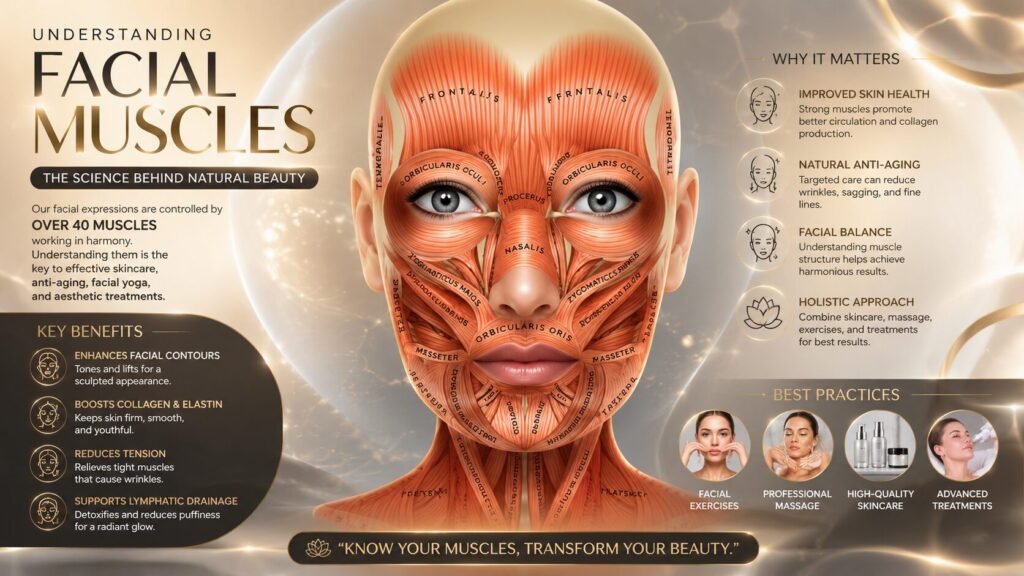 Detailed facial muscle anatomy diagram showing muscle groups and recommended device routing paths for skincare and facial treatment applications.