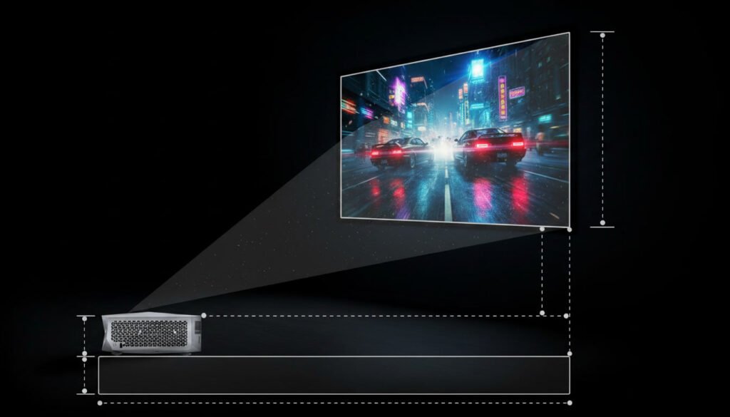 Ultra Short Throw projector placement guide showing the ideal distance between the projector and screen for optimal image size.