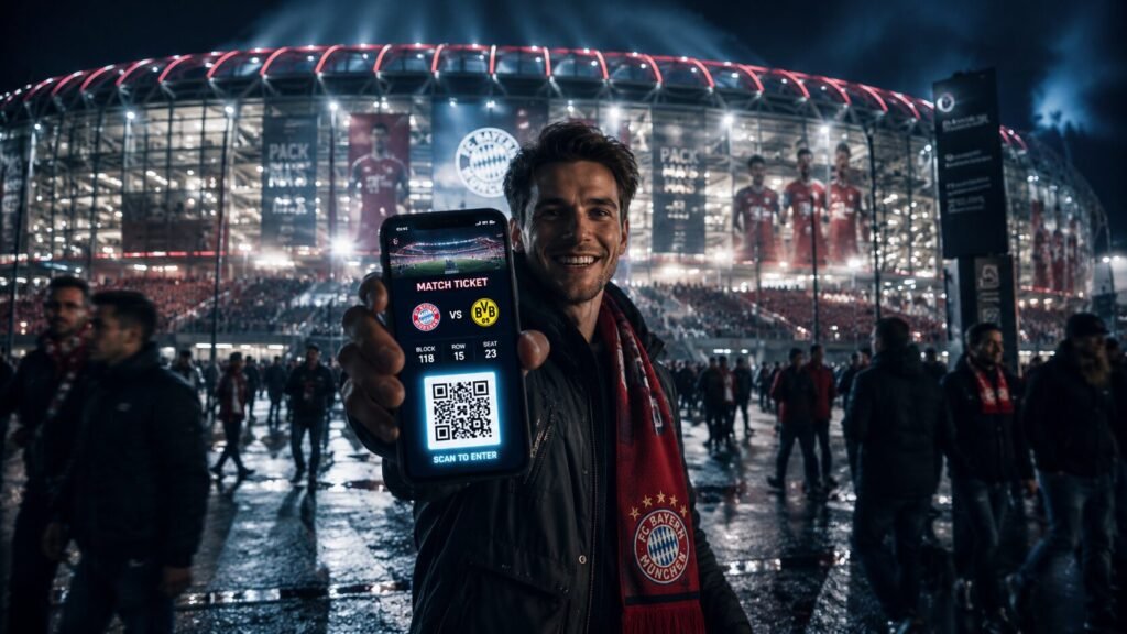 A football fan holding a mobile e-ticket on a smartphone outside a brightly lit stadium at night.