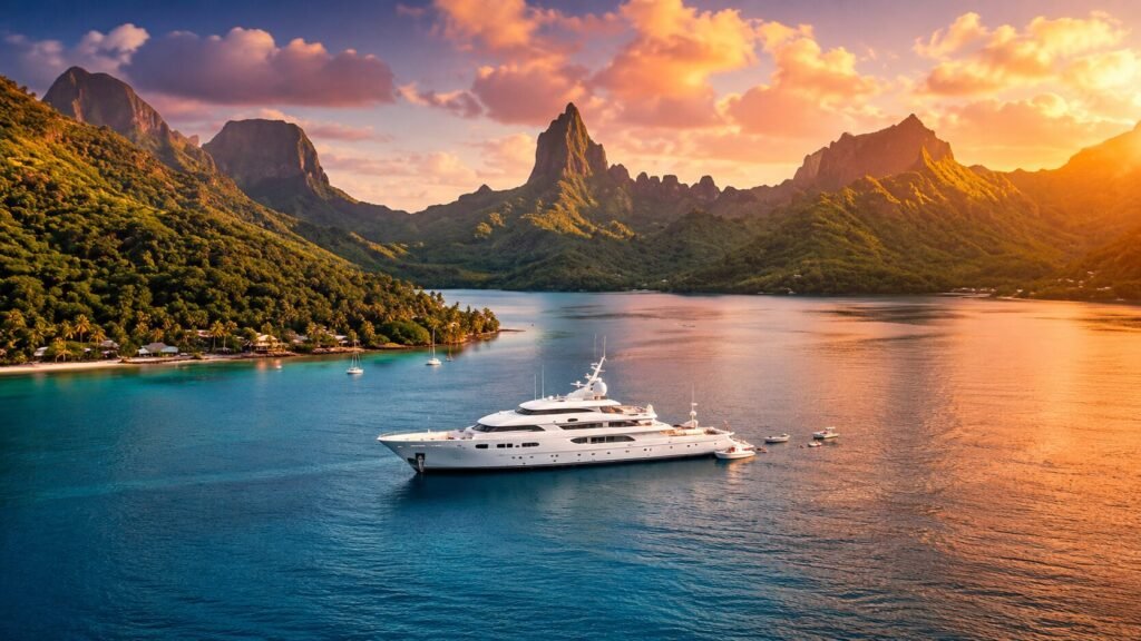 Large fully crewed luxury yacht cruising on clear blue waters with guests enjoying premium onboard amenities and spacious decks.