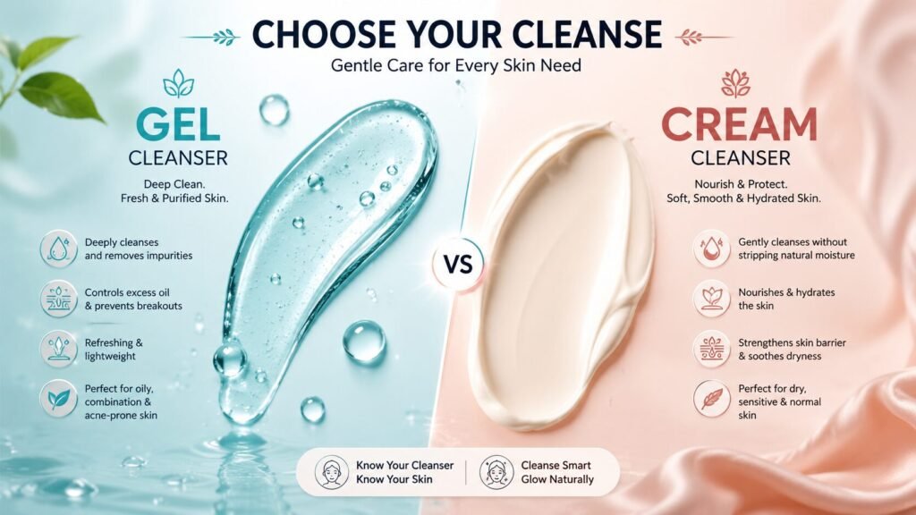 Comparison of gel and cream cleanser textures showing their suitability for various skin types and skincare needs.