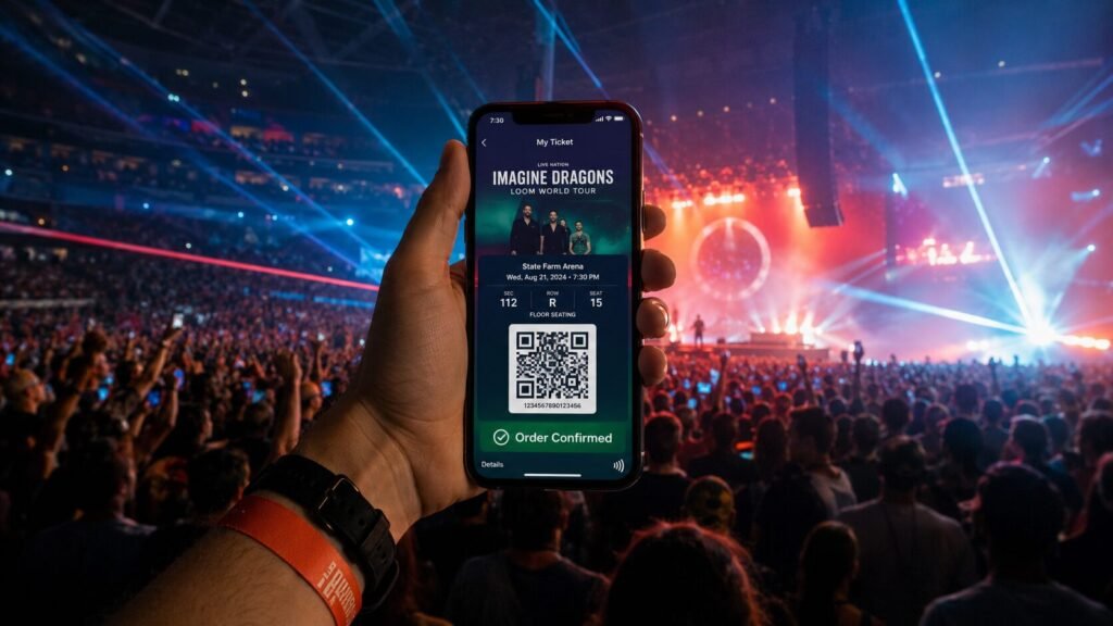 A person holding a smartphone displaying a confirmed digital concert ticket inside a crowded live music stadium with bright stage lights.