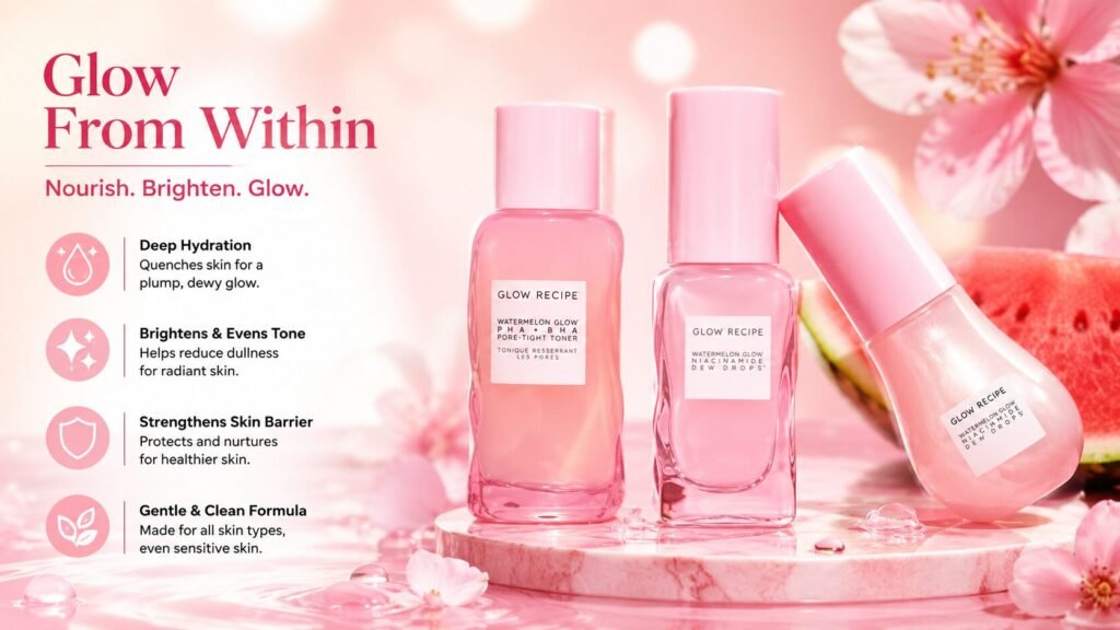Radiant glass skin complexion achieved through a layered K-Beauty skincare routine with hydrating and brightening products.