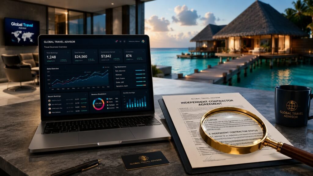 A high-end laptop showing travel agent metrics next to a legal contract with a magnifying glass, analyzing a GlobalTravel.com review.