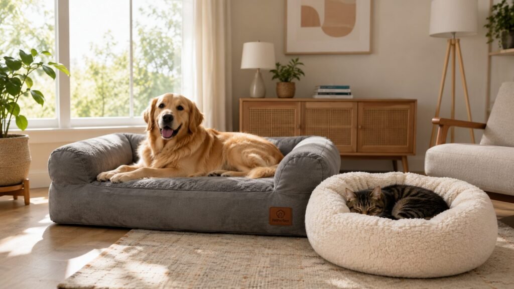 Golden Retriever resting on a grey orthopedic pet sofa beside a sleeping tabby cat in a cream calming donut bed inside a bright Scandinavian-style living room.