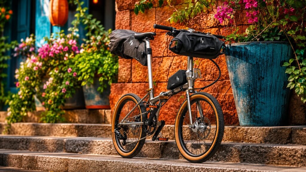 Gravis folding gravel bike riding on gravel and pavement, showcasing stable handling, comfort geometry, and reinforced frame construction.