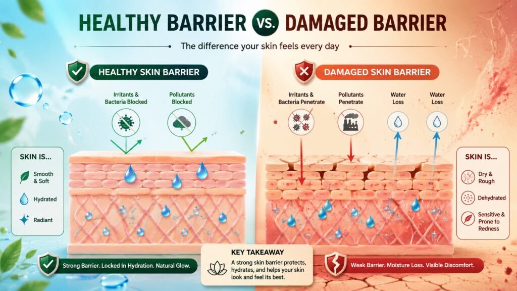 Comparison of healthy and damaged skin barrier layers showing differences in moisture retention, protection, and skin structure.