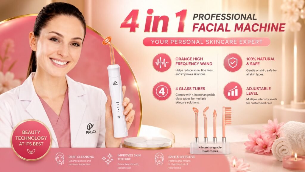 High frequency facial wand with interchangeable glass electrode attachments for skincare treatments and skin rejuvenation.