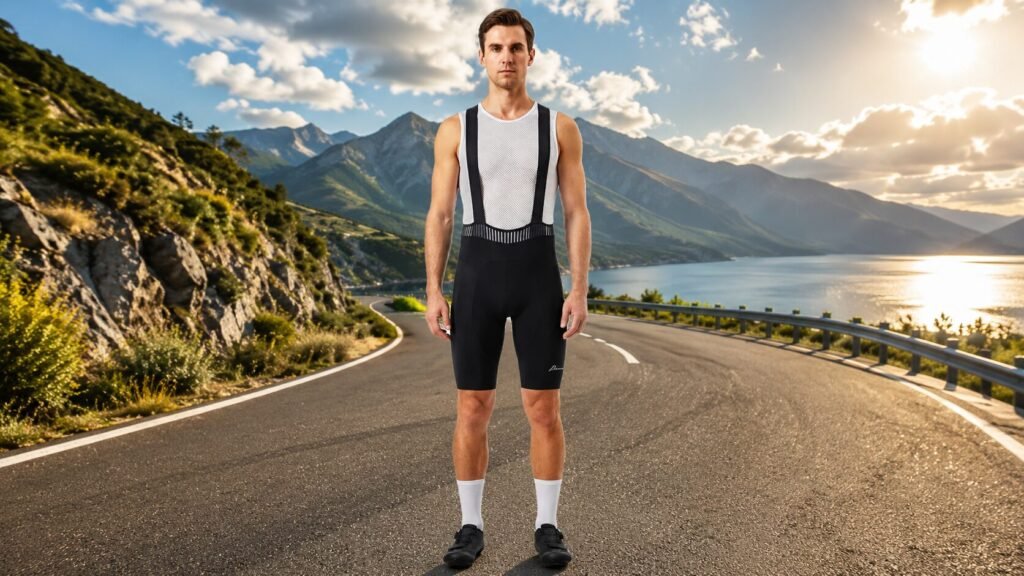 Close-up of high-stretch breathable mesh bib straps on cycling bib shorts, engineered to distribute pressure evenly and prevent shoulder digging during long rides.