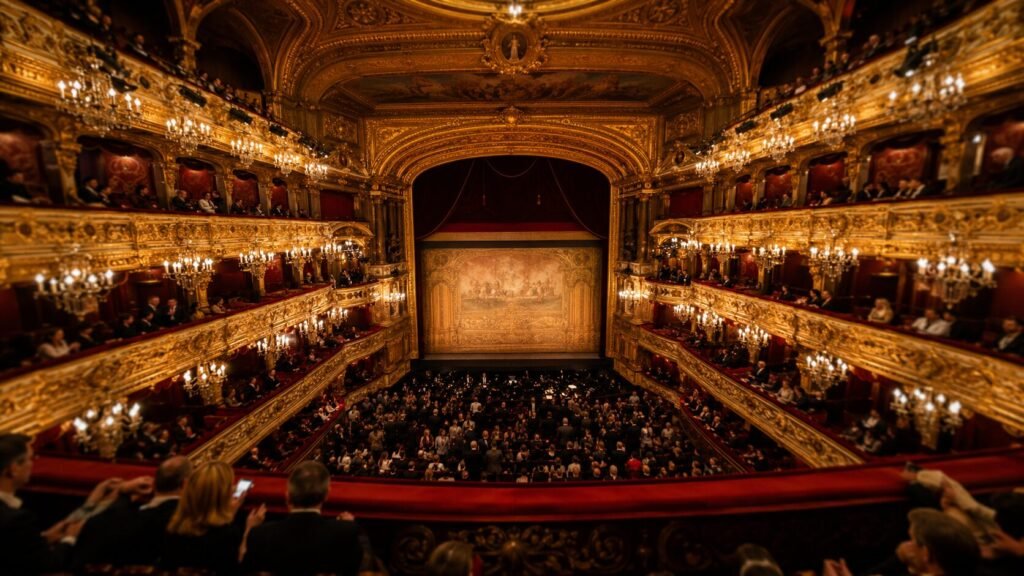 Luxurious European opera house interior featuring ornate balconies, gold detailing, red velvet seating, glowing chandeliers, and a warmly lit stage.