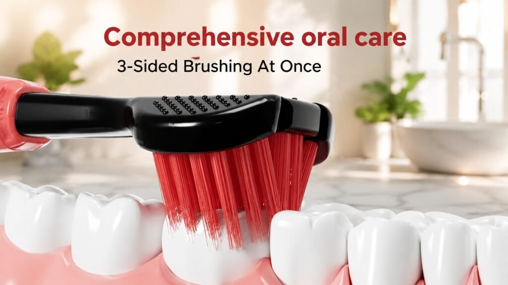 User positioning a Triple Bristle 3-sided toothbrush on teeth with toothpaste applied to all three brushing surfaces.