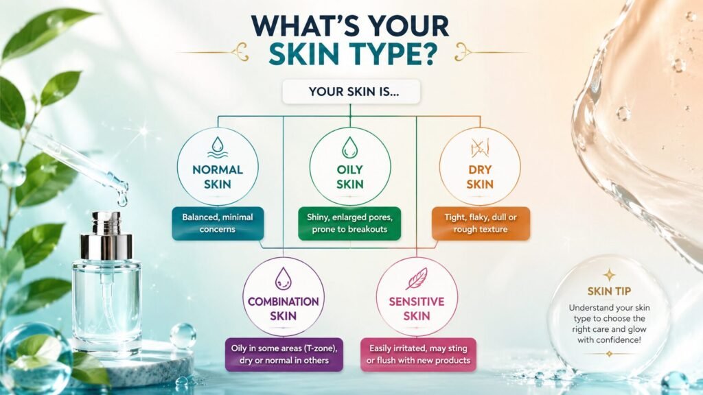 Skincare guide illustrating the key characteristics of different skin types to help customize a skincare routine.