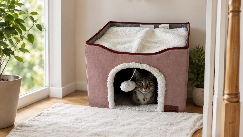 Indoor cat house bed with enclosed cozy den, top lounging platform, and scratching board for cats