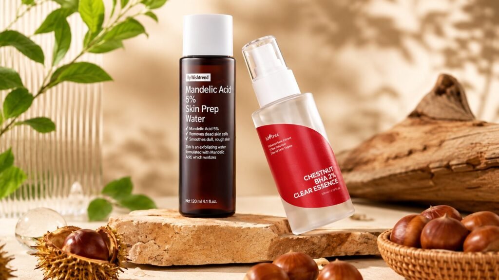 Isntree Chestnut AHA 8% Clear Essence and By Wishtrend Mandelic Acid 5% Skin Prep Water displayed together as gentle chemical exfoliating skincare treatments.