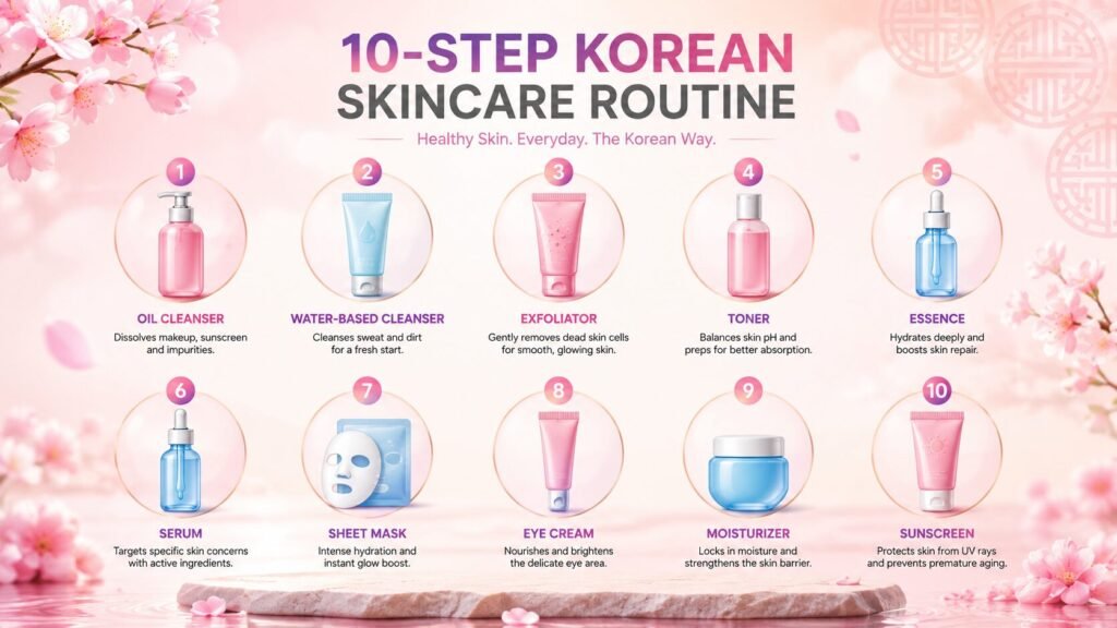 Step-by-step K-Beauty skincare layering routine showing the proper order of cleansing, toning, treating, moisturizing, and sun protection.