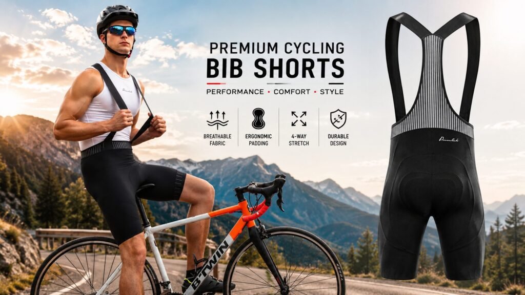 Men's road cycling bib shorts featuring compression fabric, breathable bib straps, endurance chamois, and reflective details for long-distance riding.