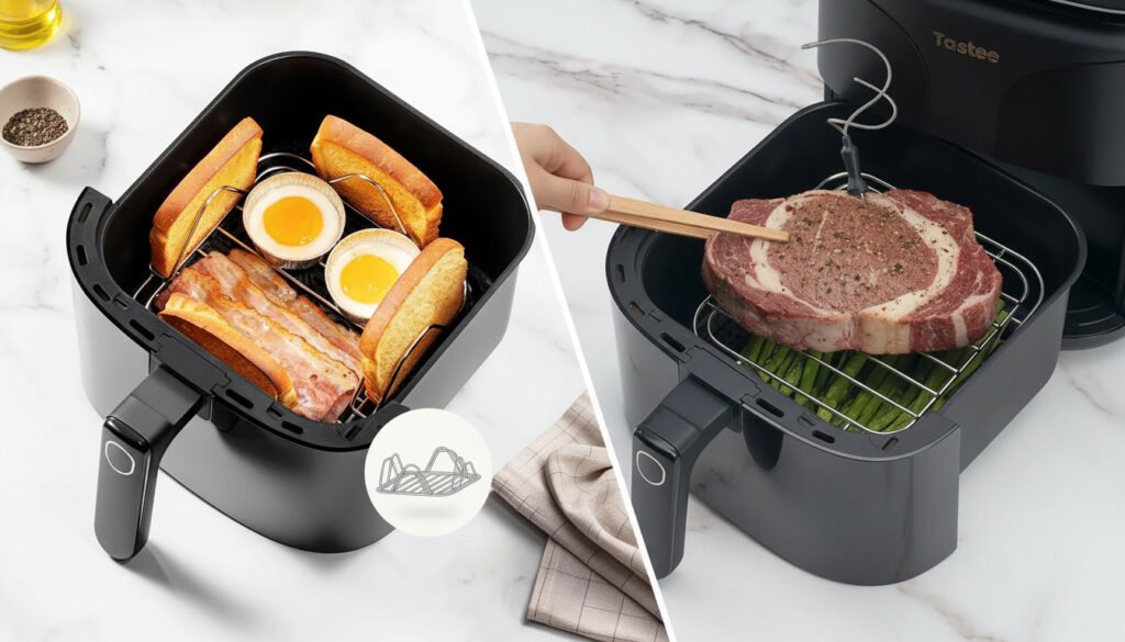 Multifunctional cooking rack designed for air fryers, allowing elevated cooking, grilling, roasting, and improved airflow.