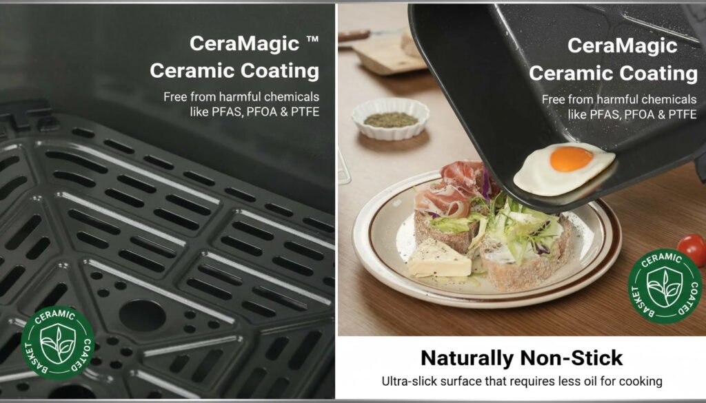 Non-stick cooking surface designed to reduce oil usage while preventing food from sticking during cooking.
