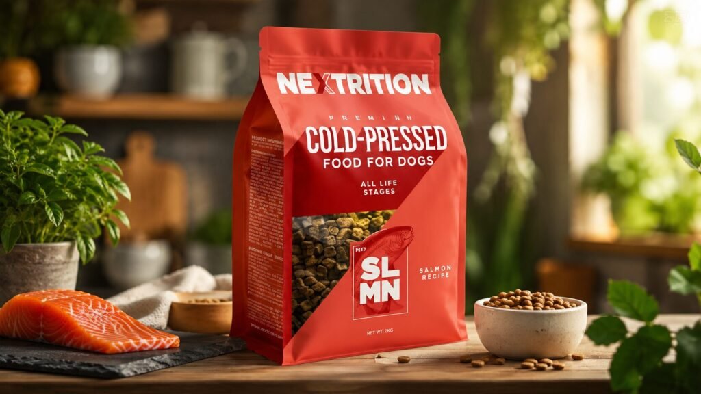 Nextrition cold-pressed pet food packaging highlighting clean, shelf-stable nutrition design