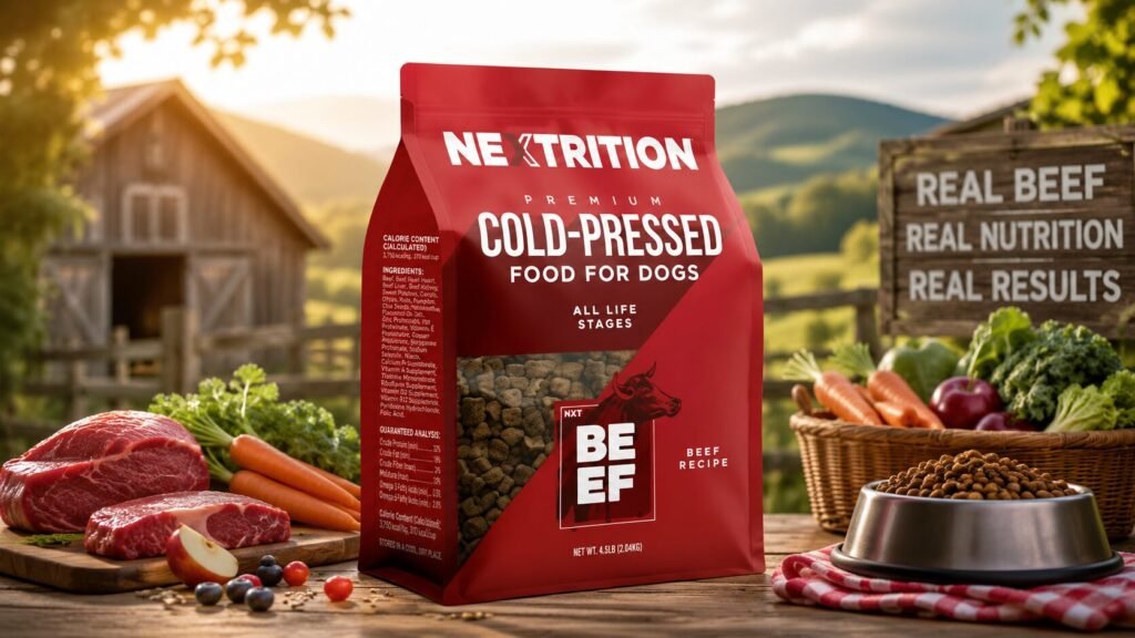 Nextrition cold-pressed beef formula dog food made with real beef and natural nutrients for healthy digestion
