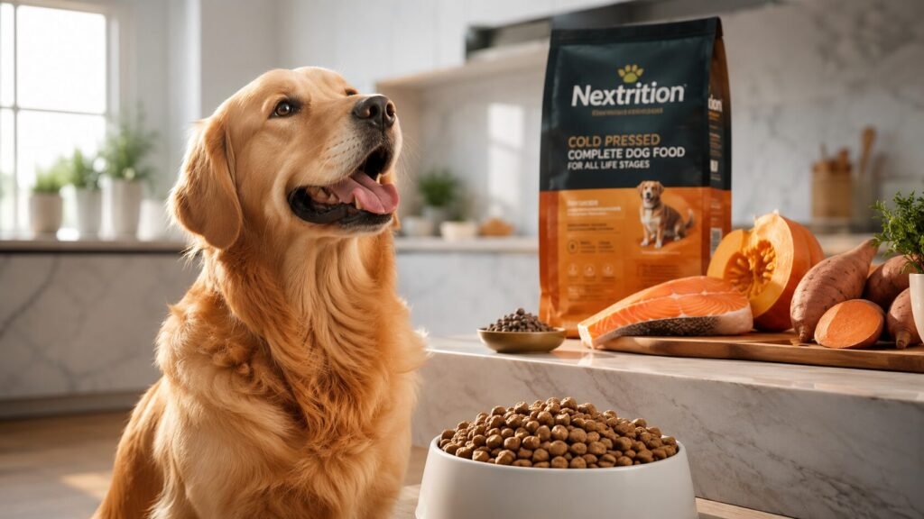 A healthy Golden Retriever sitting by a bowl of Nextrition cold-pressed dog food pellets in a sunlit kitchen, highlighting an independent Nextrition dog food review.