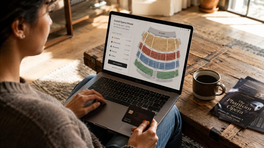 Person using a laptop with an online venue seating map while holding a credit card at a coffee table in a modern apartment.