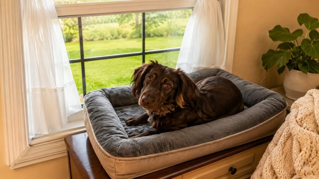 Orthopedic pet sofa with egg-crate foam mattress, supportive bolsters, and washable cover for dogs