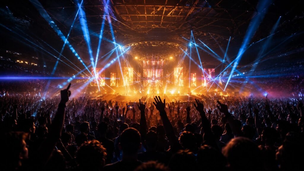Thousands of concertgoers with raised hands inside a packed indoor arena illuminated by gold and blue laser beams during a live music performance.