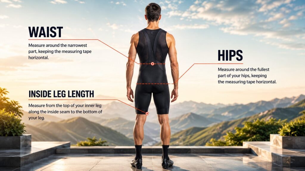 Cycling fit diagram highlighting waist, hip, pelvis, thigh, and sit-bone measurement zones used for high-compression bib shorts fitting.