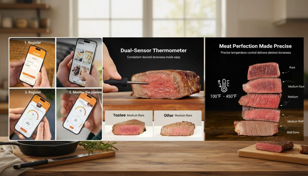 Precision cooking appliance using intelligent temperature control to achieve perfect meat doneness and consistent cooking results.