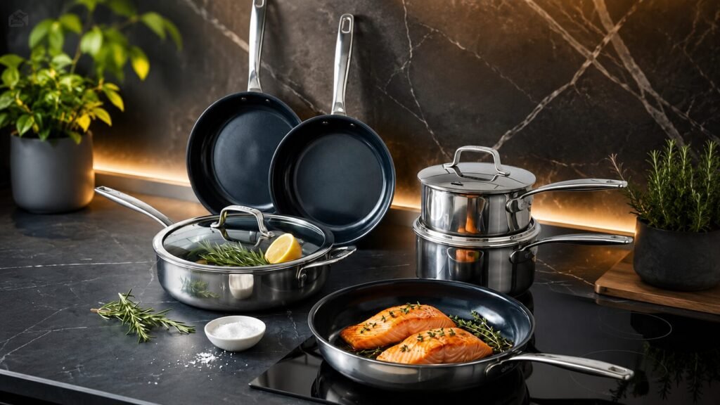 Premium stainless steel frying pan on a modern stovetop, ideal for searing meats, sautéing vegetables, and everyday cooking.