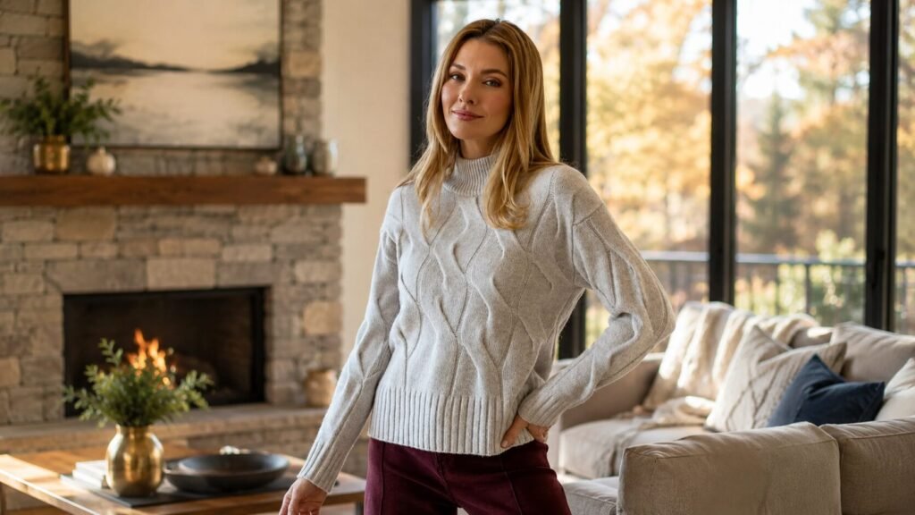 Premium wide cable cashmere knit sweater featuring a classic textured pattern and luxurious cozy aesthetic.