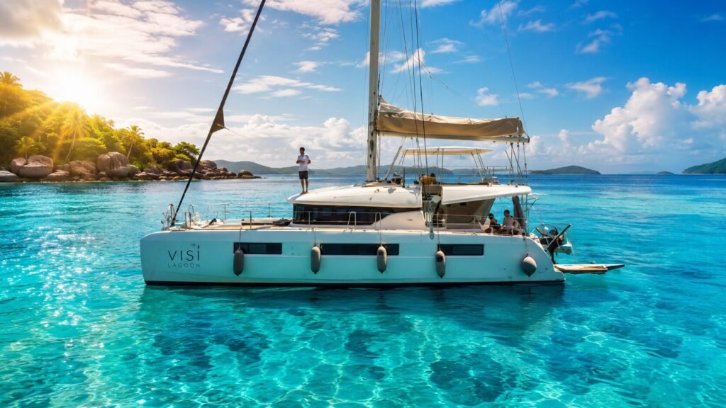 Luxury private catamaran sailing along a beautiful coastline with spacious decks, calm waters, and scenic coastal views.