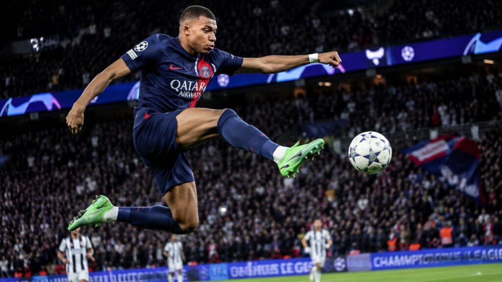 Professional soccer player airborne while kicking a glowing football during a night match under bright stadium floodlights with a blurred crowd in the background.