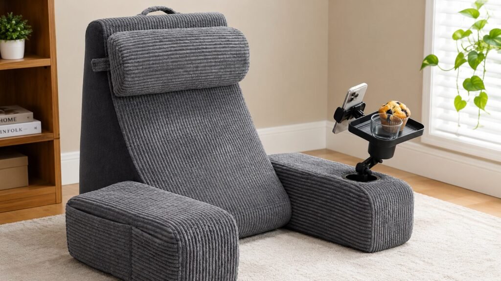 Adult reading pillow with detachable armrests, adjustable tray, cup holder, and ergonomic back support for reading, working, and relaxing on the couch or bed.