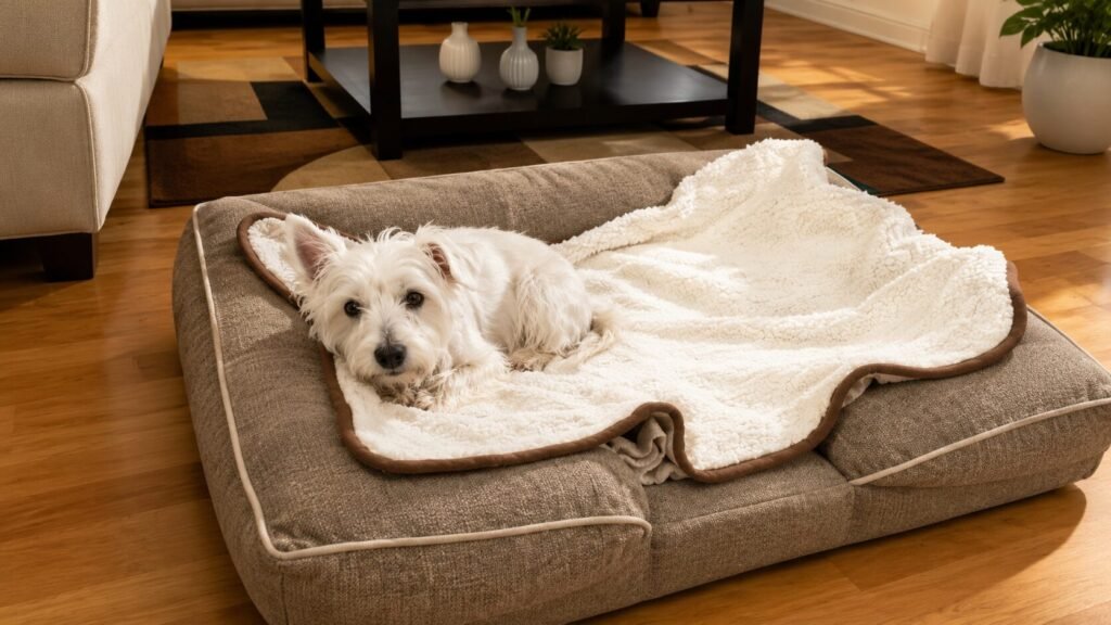 Reversible dog blanket featuring soft sherpa and microfiber fleece materials for warmth and comfort