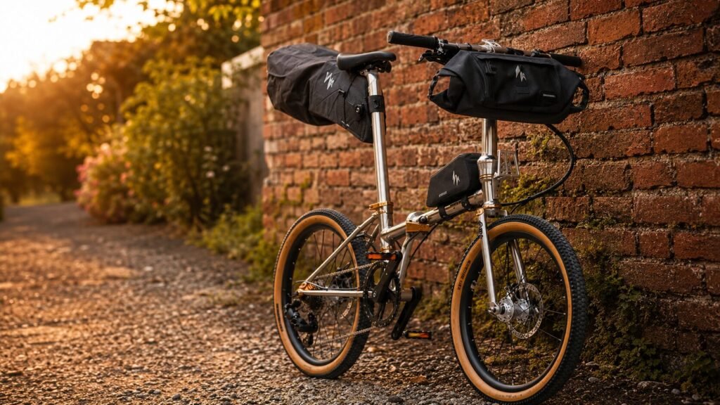 RockBros Gravis steel folding gravel bike showcasing the classic raw lugged chromoly frame and tan skinwall tires